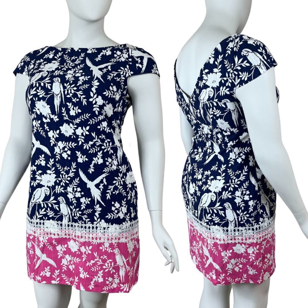 Eliza J Women's Size 14 Pink Blue Colorblock Floral Bird Lace Sheath NEW Dress